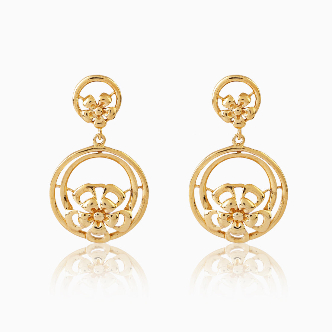 Front view of 925 silver golden floral circle drop earrings highlighting intricate bloom design and round frame