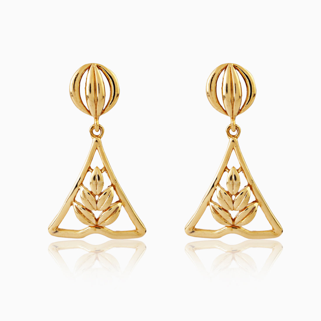 Front view of 925 silver golden triangle leaf drop earrings highlighting sculpted stud and delicate leaf detailing