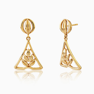 Front view of 925 silver golden triangle leaf drop earrings highlighting sculpted stud and delicate leaf detailing