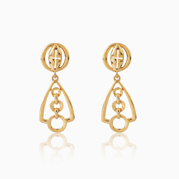 Front view of 925 silver golden orbit geometric drop earrings highlighting sculpted dome stud and layered geometric design