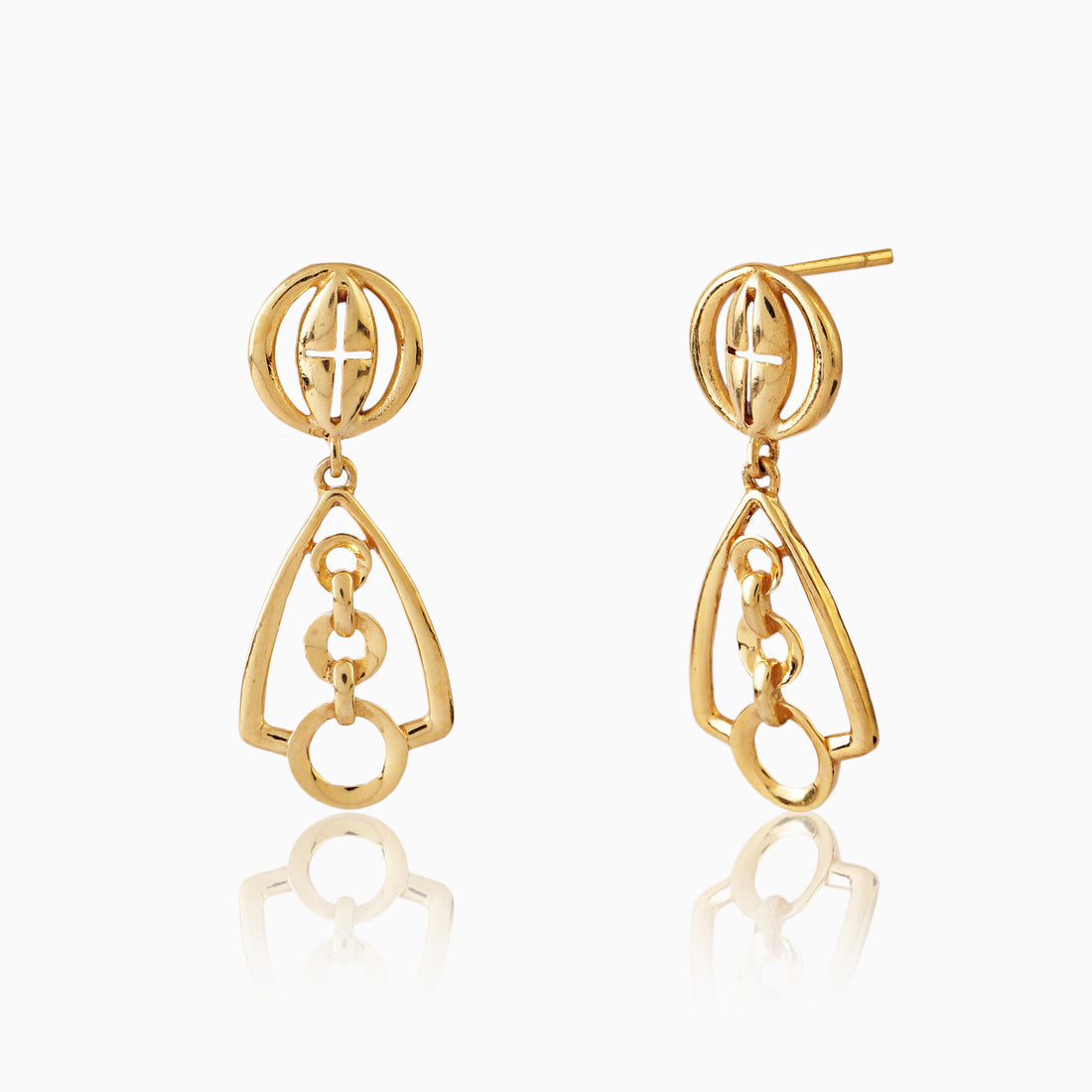 Front view of 925 silver golden orbit geometric drop earrings highlighting sculpted dome stud and layered geometric design