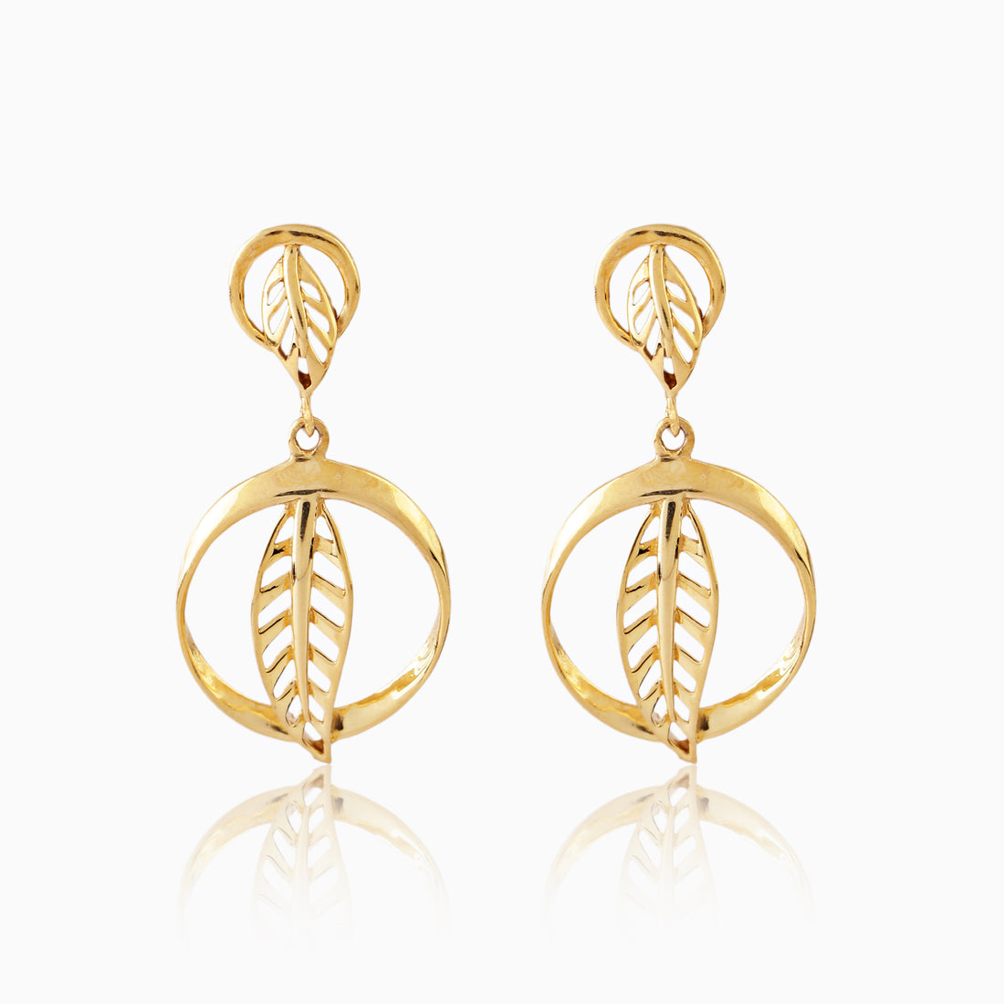 Front view of 925 silver gold-finish leaf circle drop earrings highlighting detailed leaf design