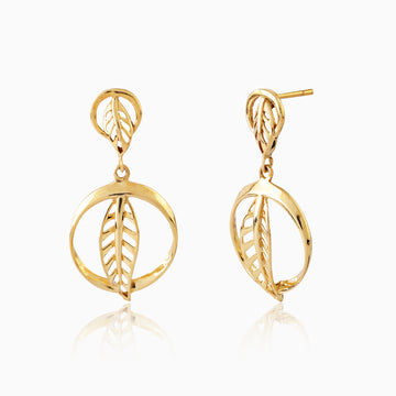 Front view of 925 silver gold-finish leaf circle drop earrings highlighting detailed leaf design