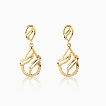 Front view of 925 silver golden twisted teardrop drop earrings highlighting flowing curved structure