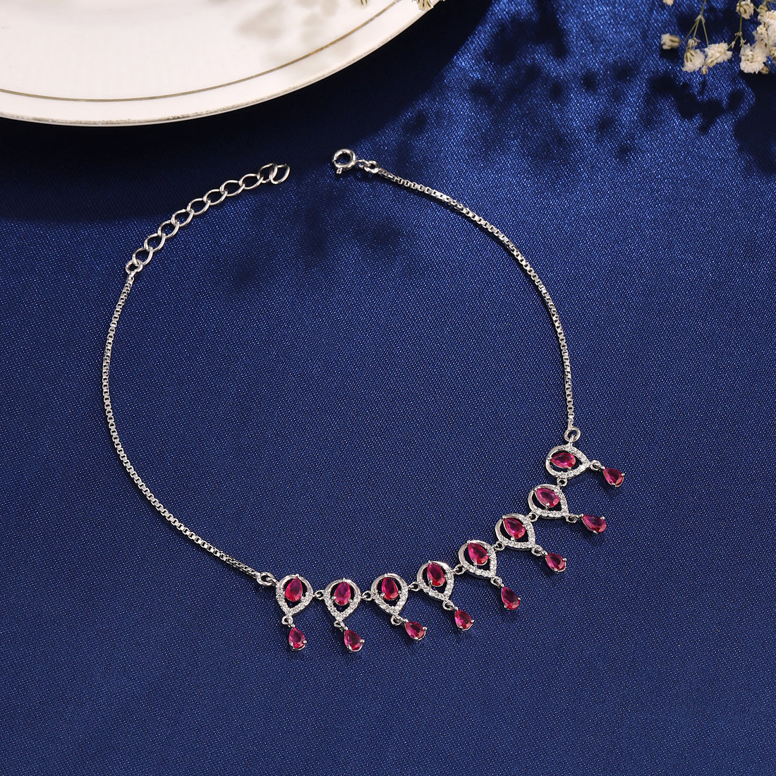 ❤️ Ruby Drop Charm 925 Silver Anklet Duo