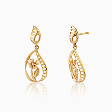 Front view of 925 silver gold-polish teardrop earrings featuring intricate blossom design and leaf detailing