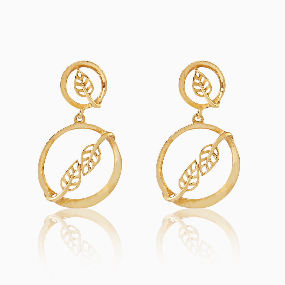 Front view of 925 silver gold-polish circle drop earrings featuring detailed leaf design within round frame