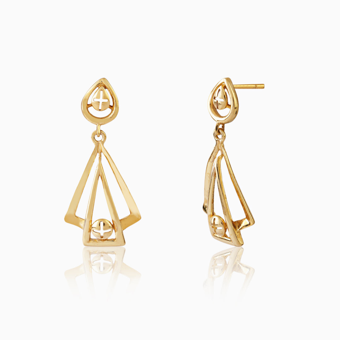 925 sterling silver golden prism geometric drop earrings front view with triangular and circular detailing