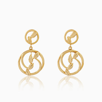 Front view of 925 silver golden vine drop earrings with intertwined leaf design and circular open frames