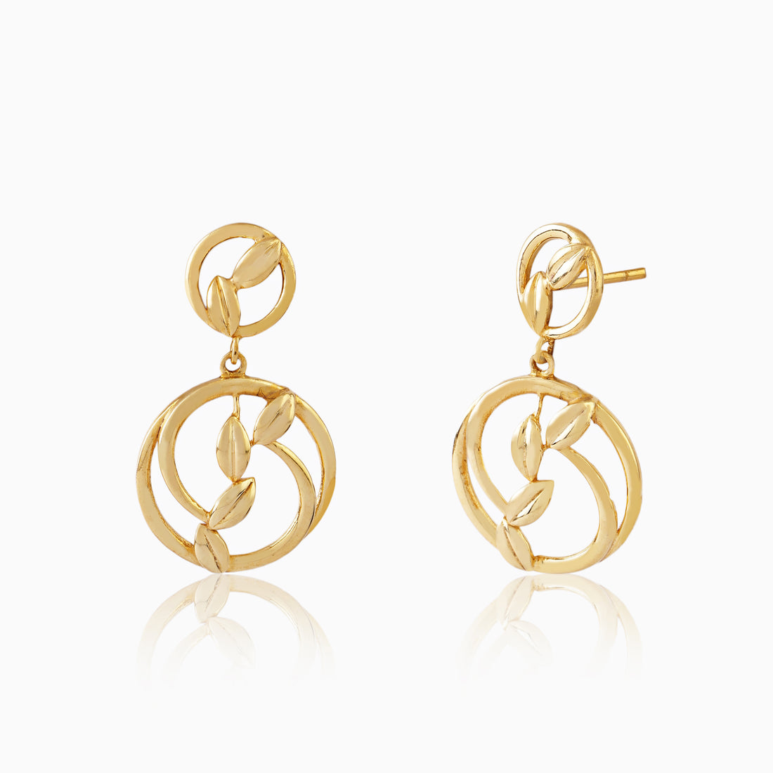 Front view of 925 silver golden vine drop earrings with intertwined leaf design and circular open frames