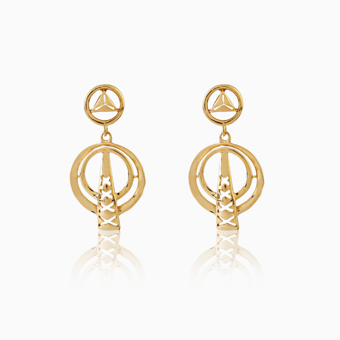 Front view of 925 sterling silver celestial orbit drop earrings with geometric circular frames and star detailing
