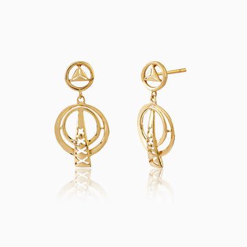 Front view of 925 sterling silver celestial orbit drop earrings with geometric circular frames and star detailing