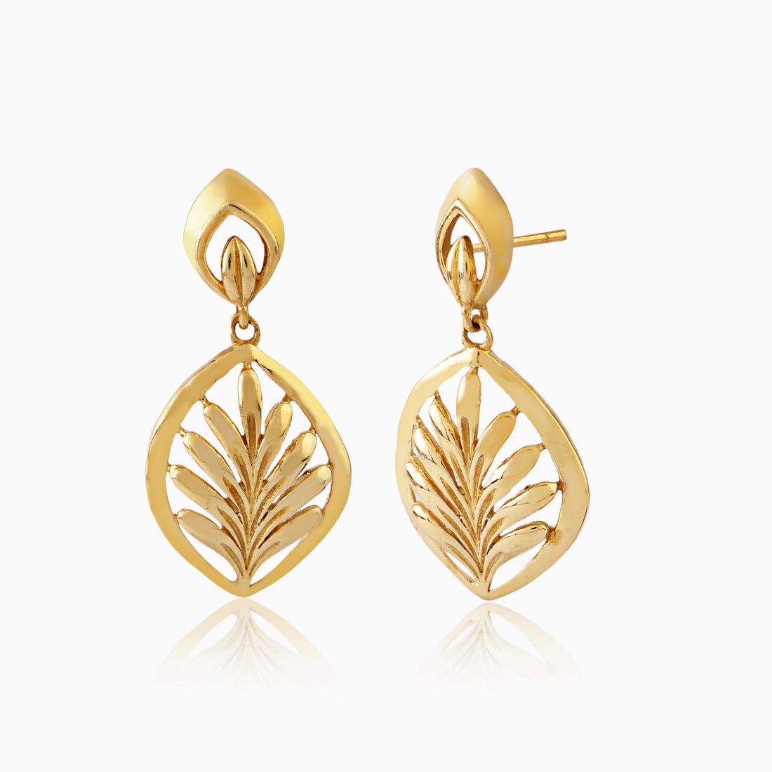 925 silver Celestial Drop Earrings gold finish front view, detailed leaf cutwork drop design