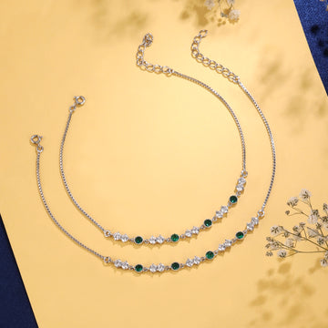 💚 Emerald Sparkle Line 925 Silver Anklet Duo