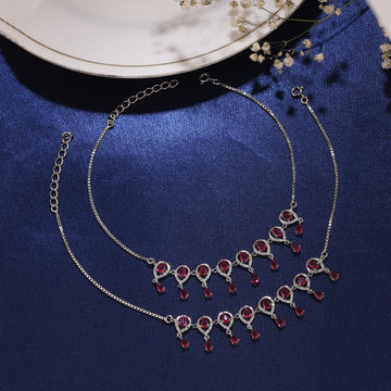 ❤️ Ruby Drop Charm 925 Silver Anklet Duo