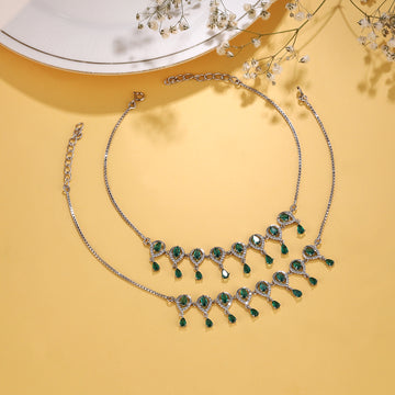 💚 Royal Emerald Drop 925 Silver Anklet Duo