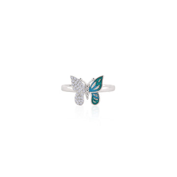 925 silver blue butterfly ring with one pavé wing and one enamel wing