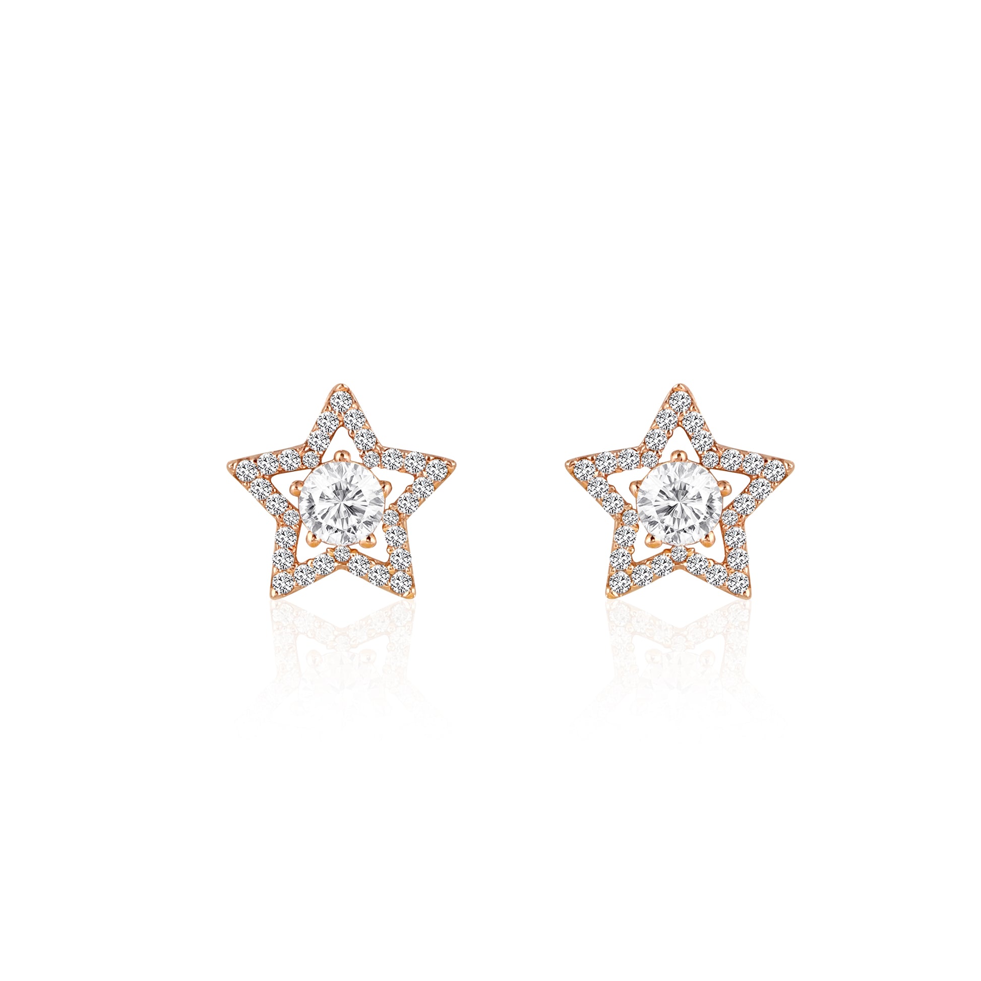 925 silver rose gold star stud earrings with crystal stones close-up