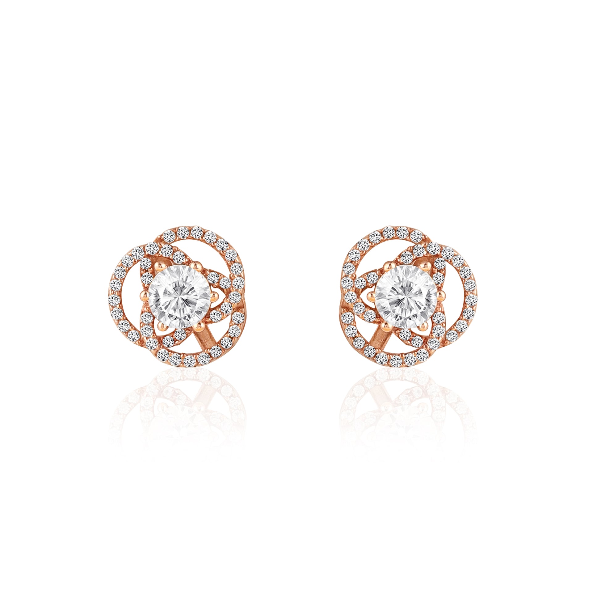 925 silver rose gold twisted halo stud earrings with crystal detailing