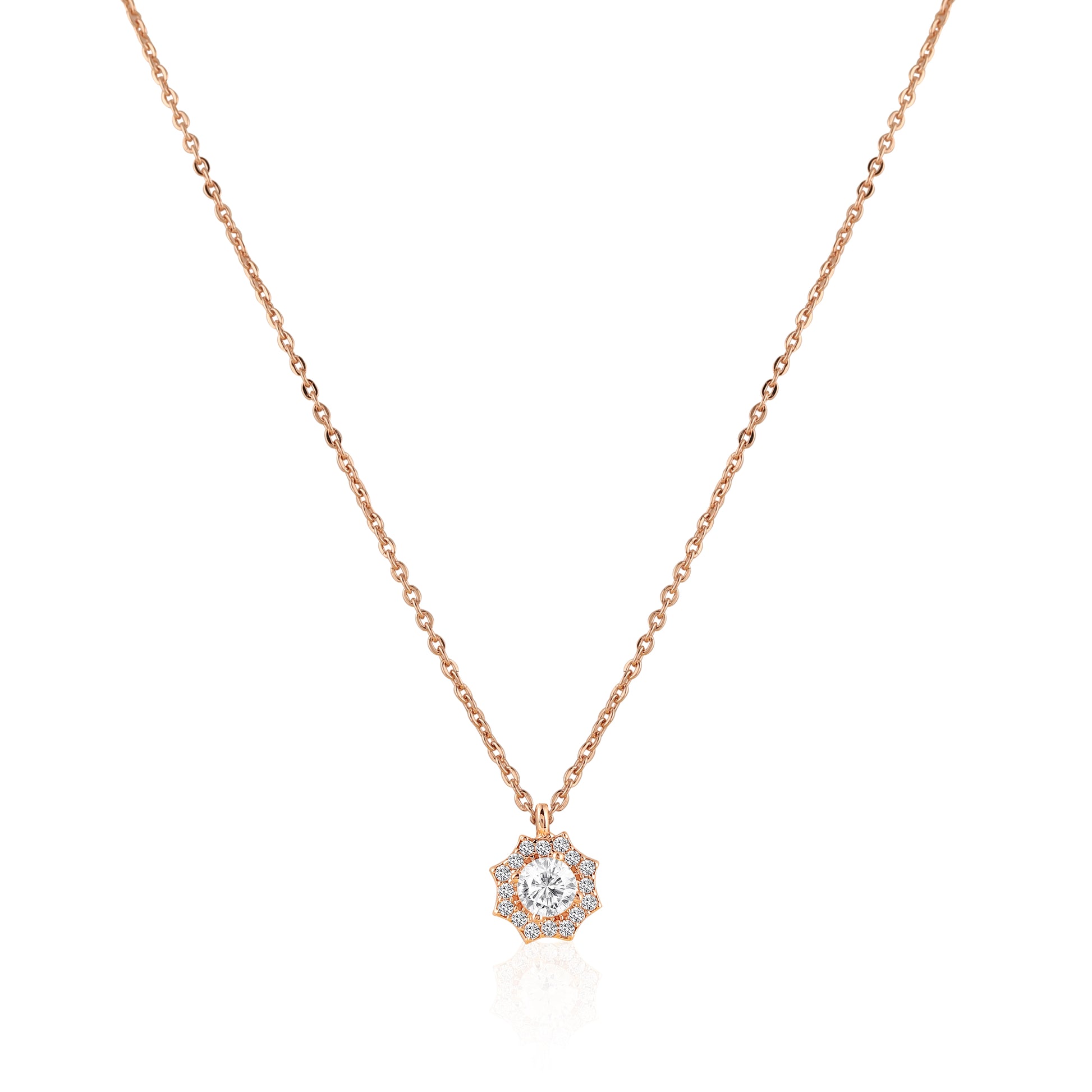 Rose gold floral halo pendant necklace in 925 silver with sparkling center stone
