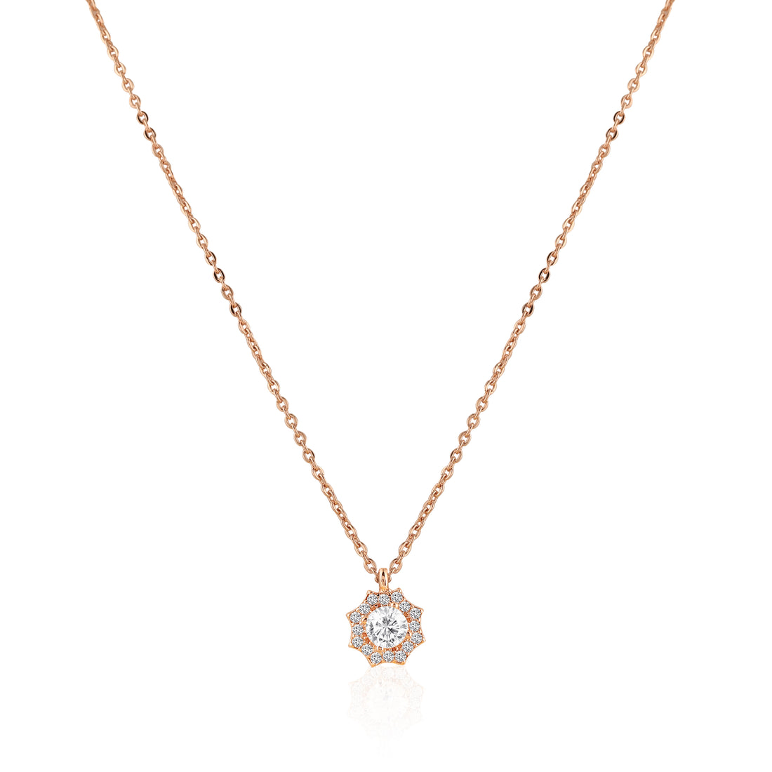 Rose gold floral halo pendant set in 925 silver with matching zircon stud earrings