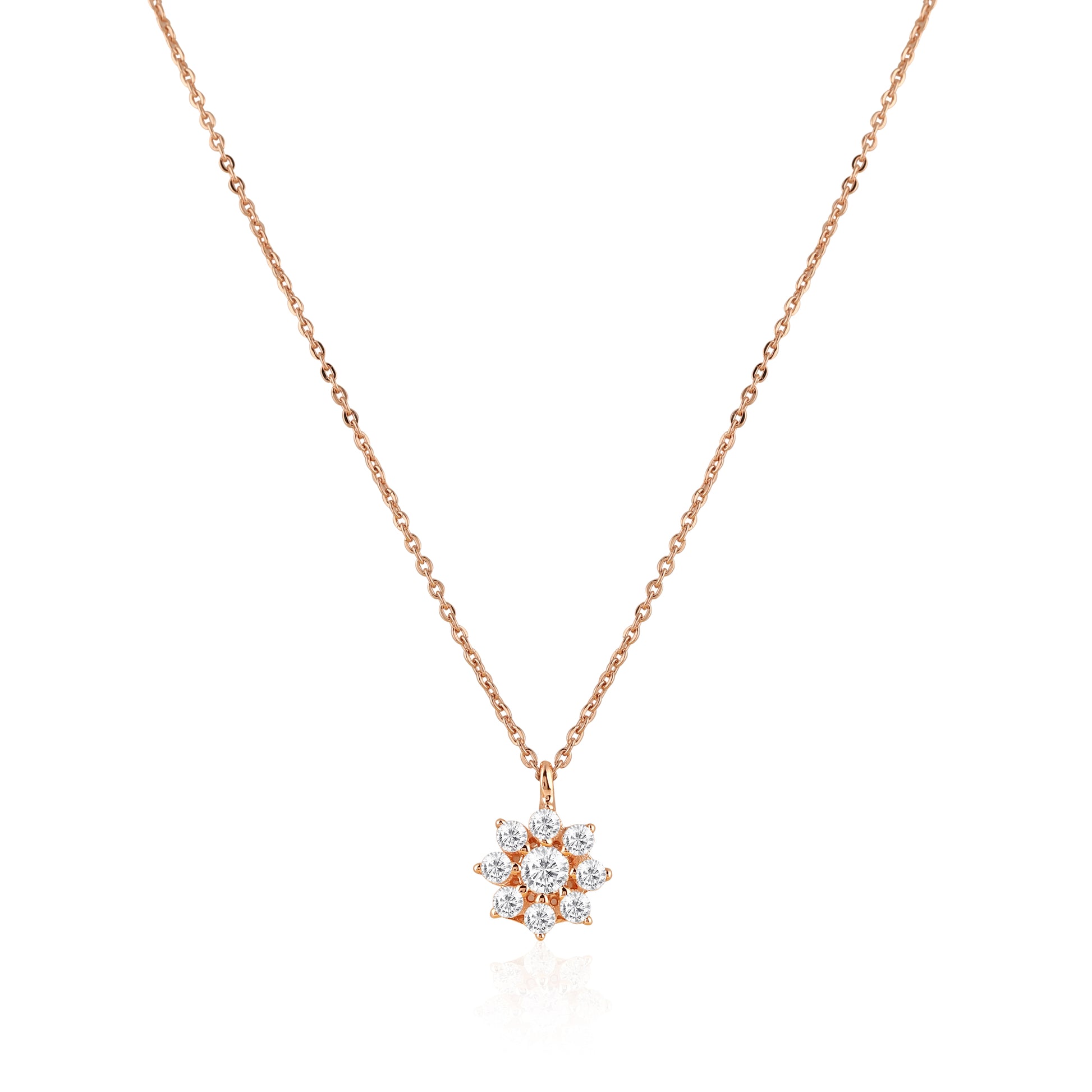 Rose gold 925 silver floral pendant necklace with sparkling round stones