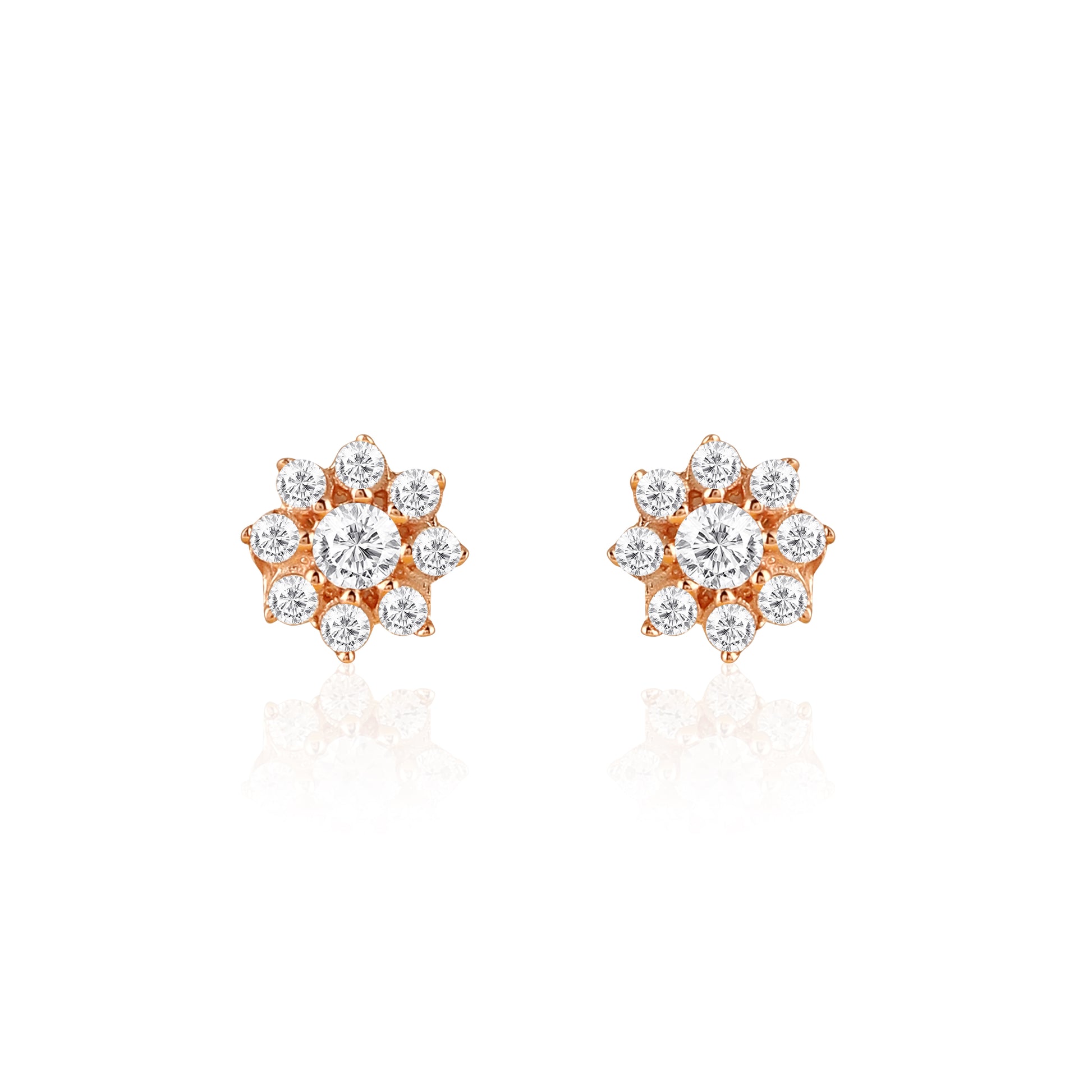 Floral 925 silver rose gold stud earrings with round stone cluster detail