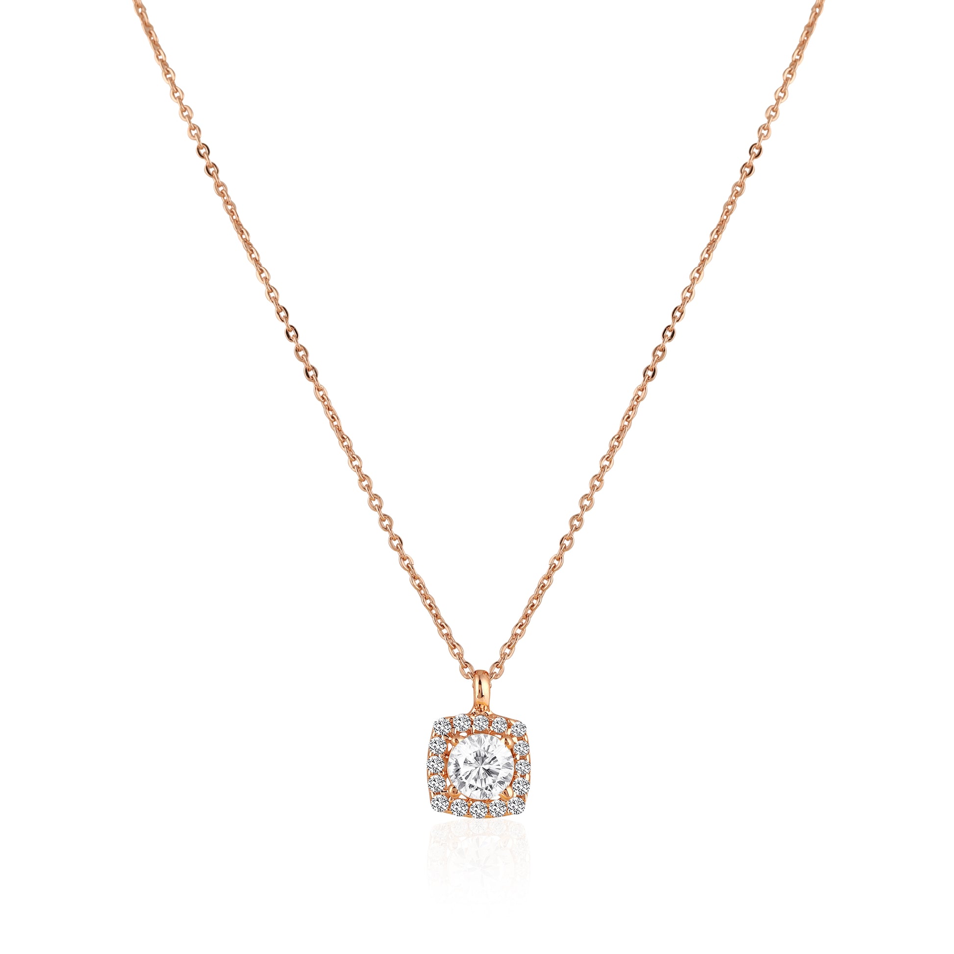 Rose gold cushion halo pendant necklace in 925 silver with round center stone