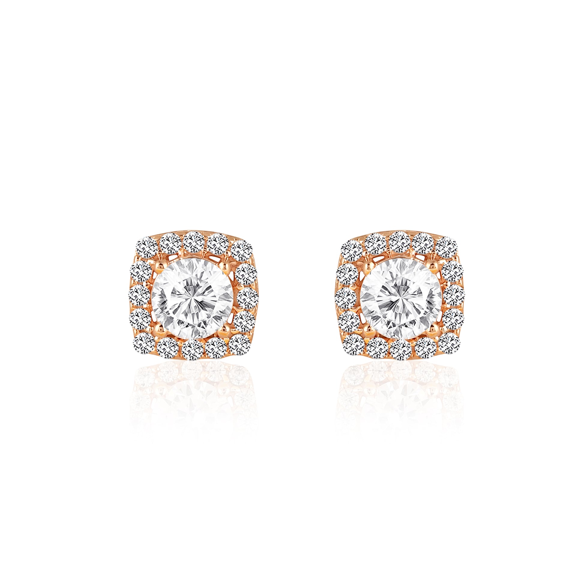 Rose gold cushion halo stud earrings in 925 silver with sparkling stones