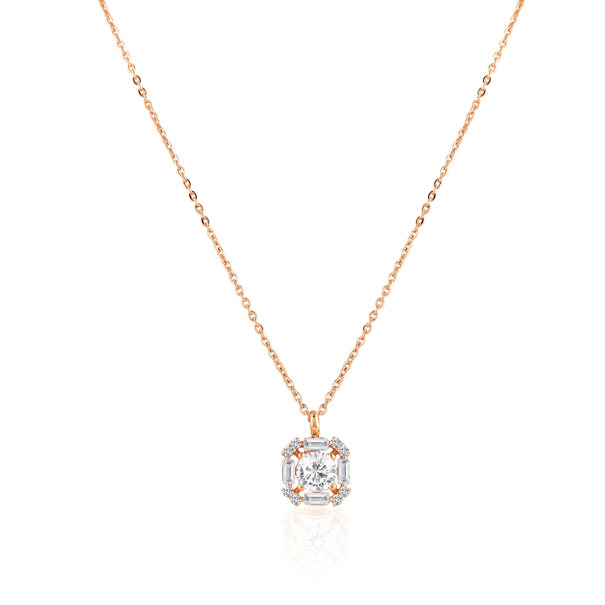 Rose gold geometric halo pendant in 925 silver with sparkling round center stone