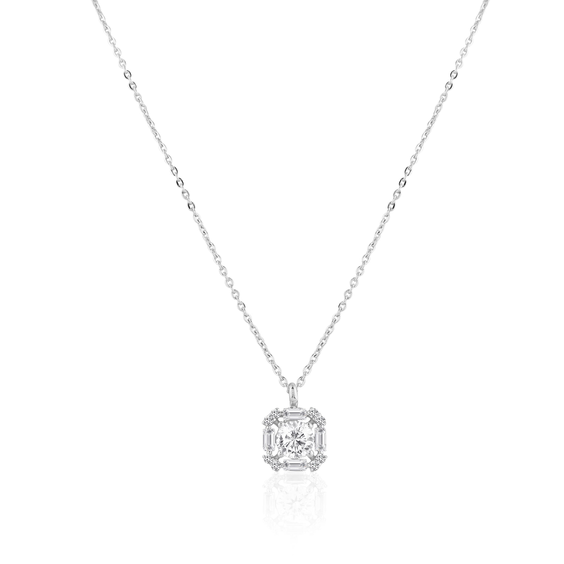 Baguette halo pendant in 925 silver with round zircon center stone