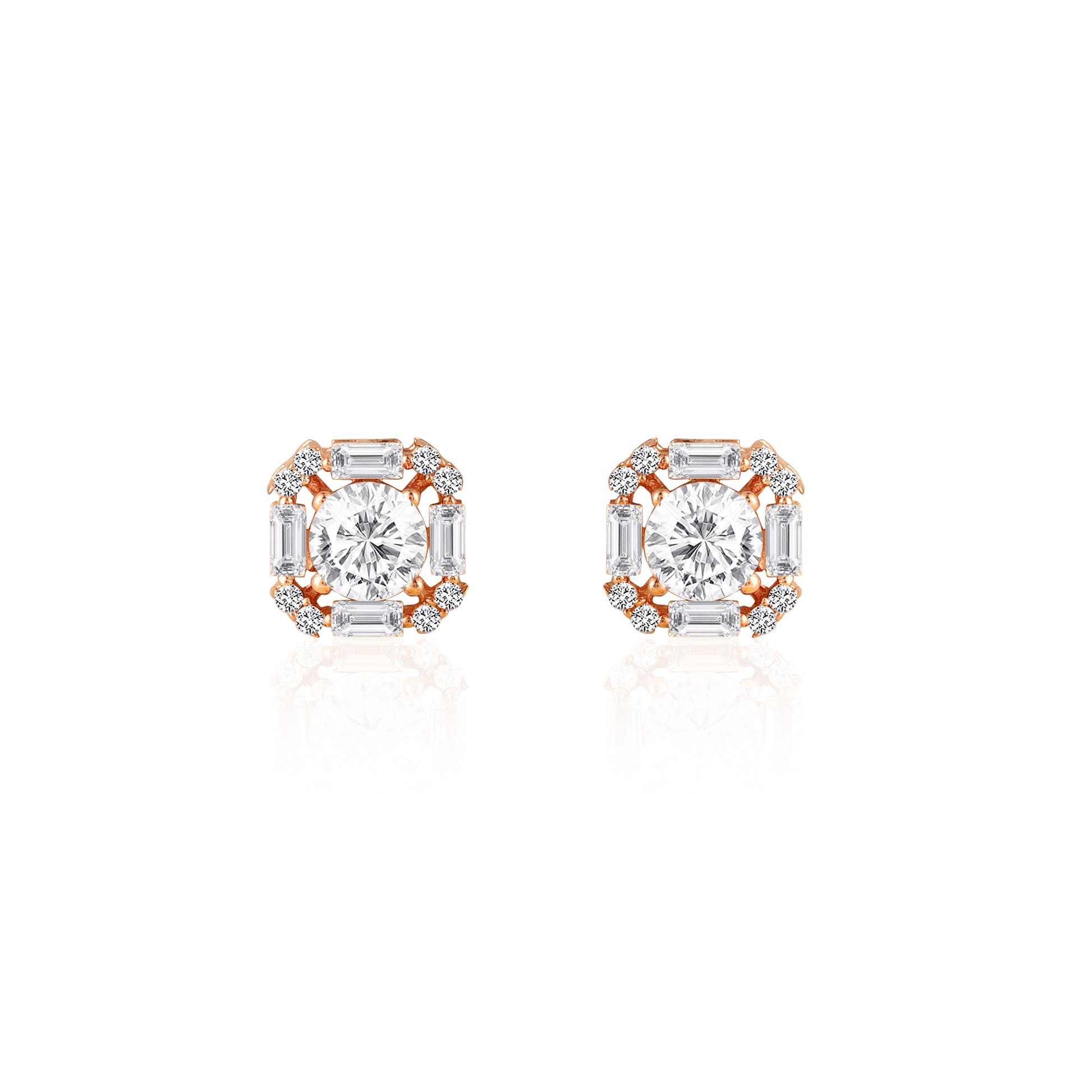 Rose gold stud earrings in 925 silver with round center stone and halo setting