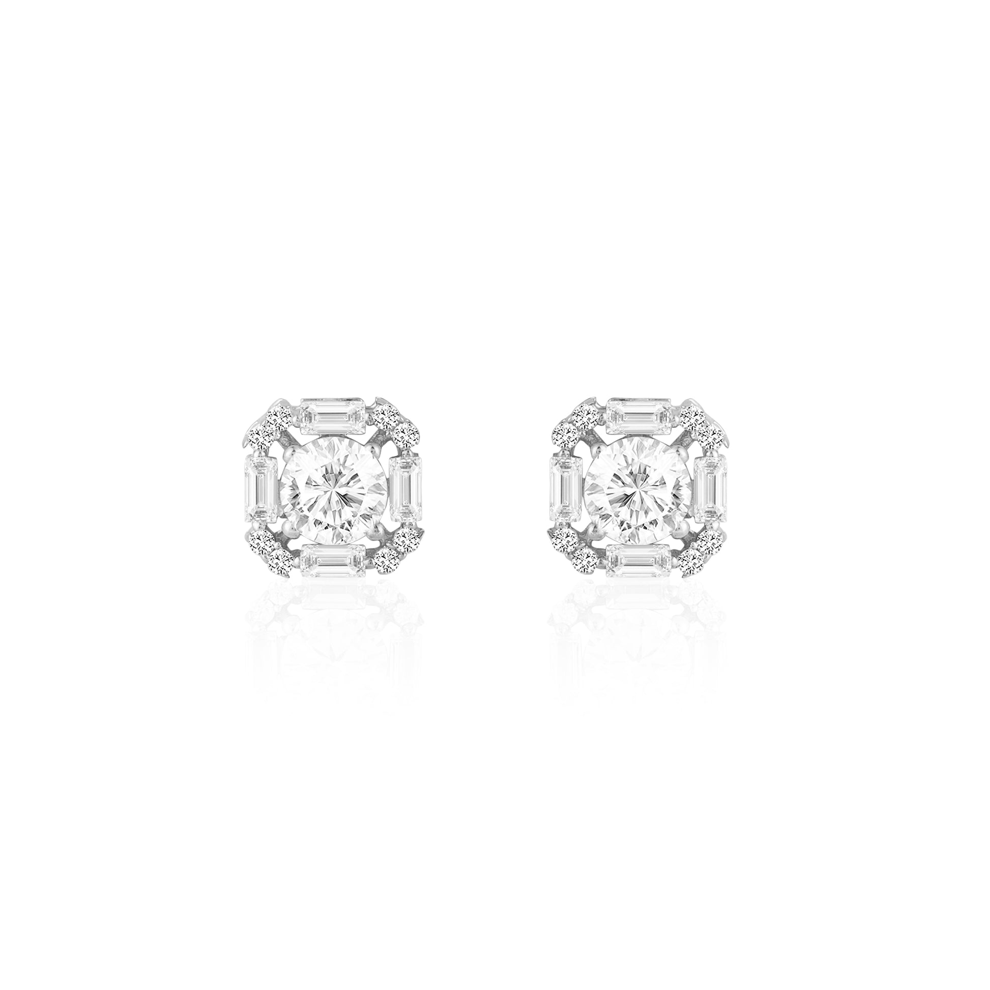 Geometric baguette halo stud earrings in 925 silver with zircon stones