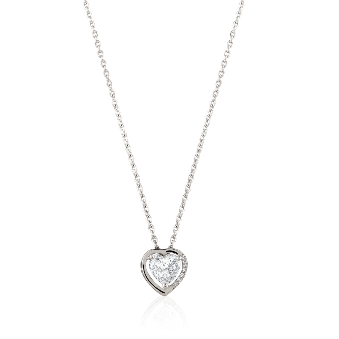 Polished 925 silver heart necklace with inner heart-cut stone detail