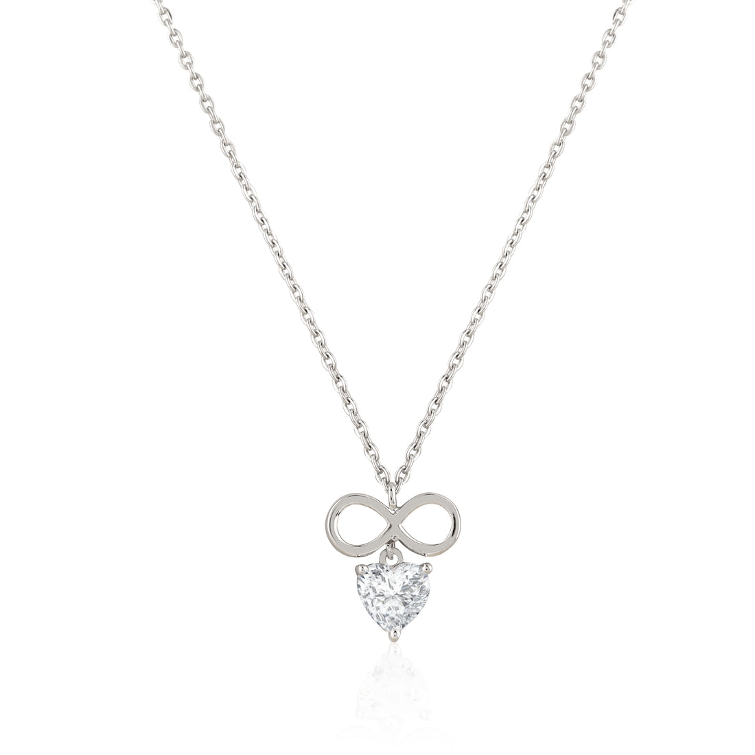 Infinity symbol 925 silver necklace with heart-cut drop detail
