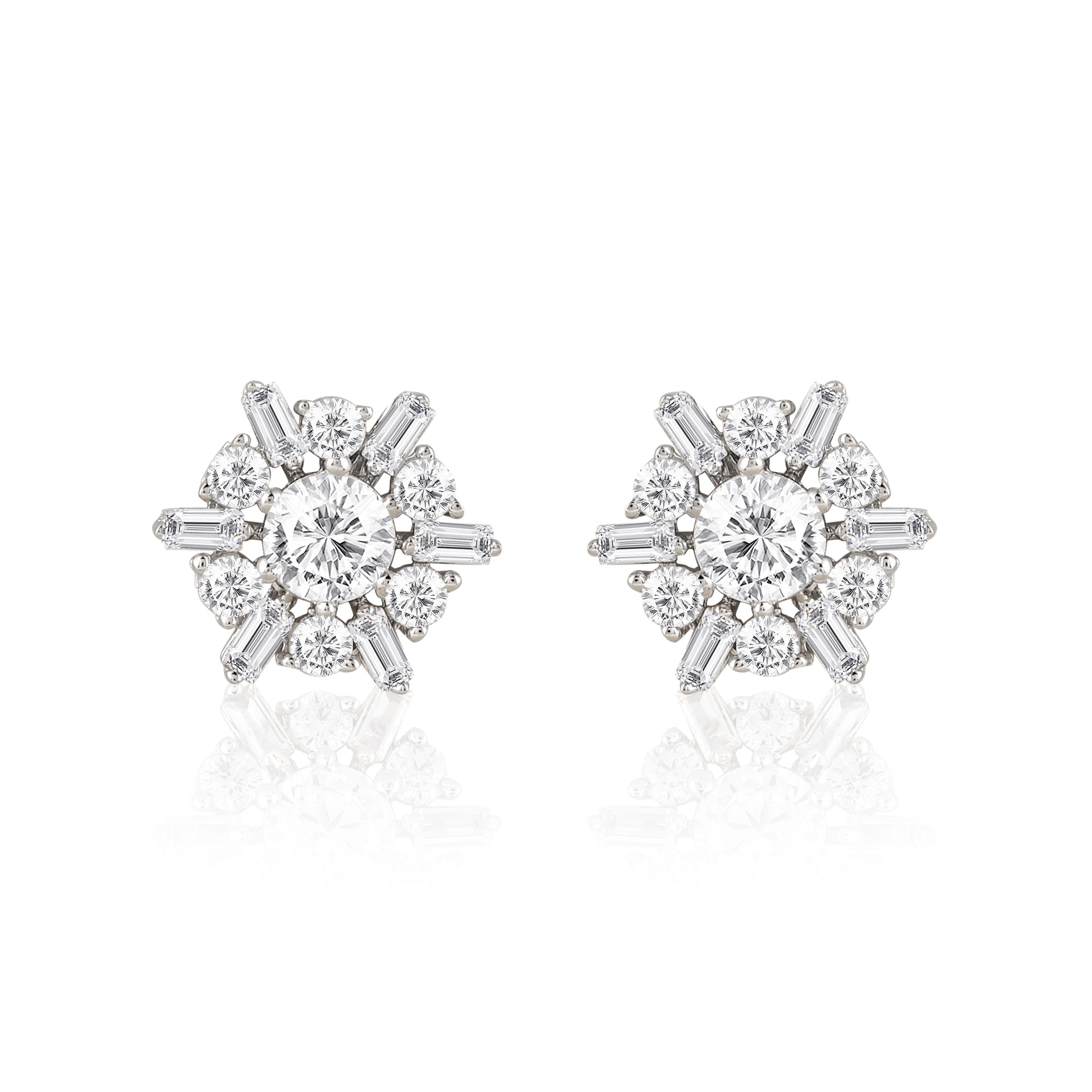 925 silver sunburst stud earrings with brilliant stone accents