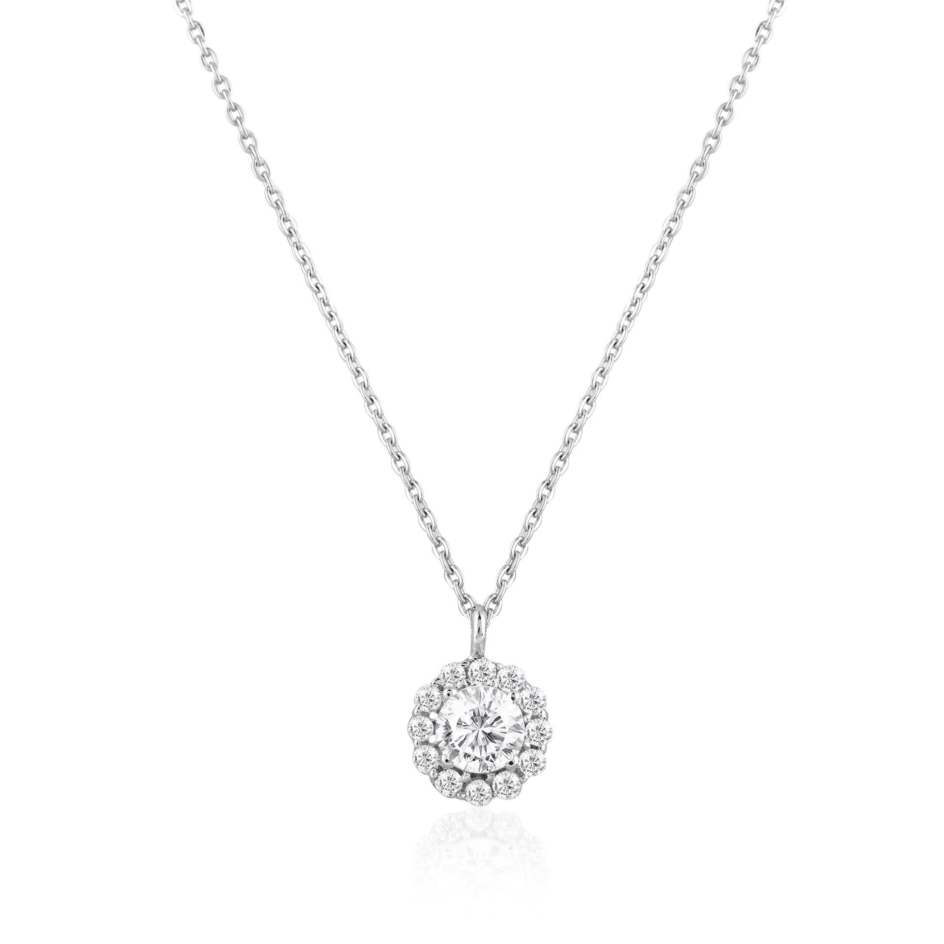 Round floral halo pendant in 925 silver with sparkling zircon stones
