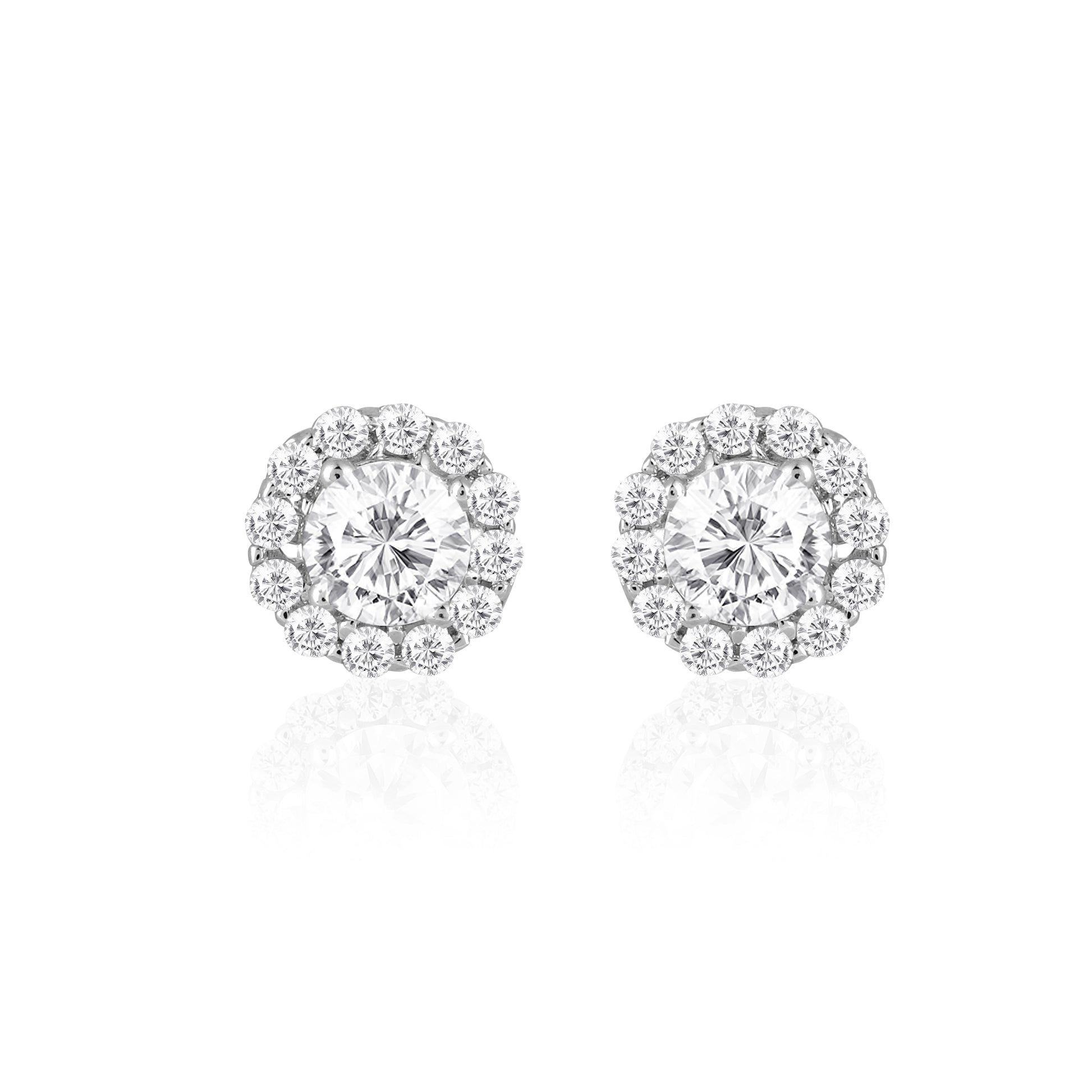 Floral halo stud earrings in 925 silver with round zircon center stones