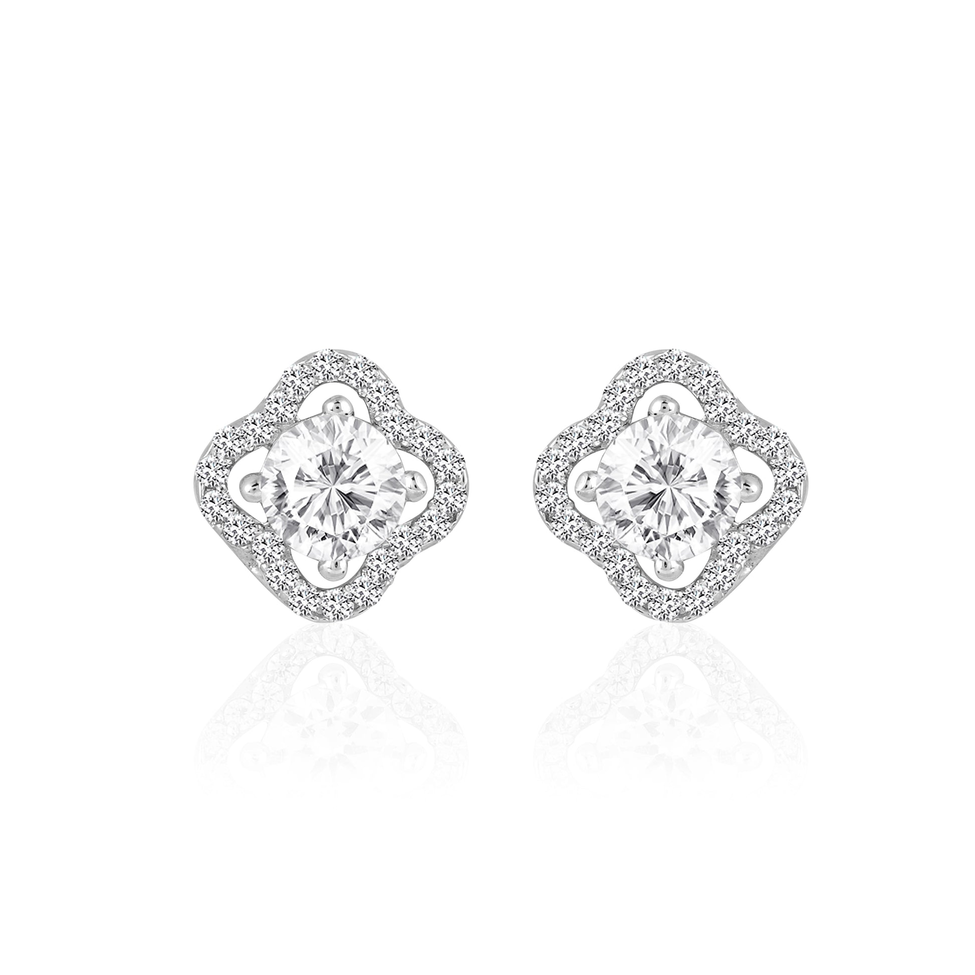 Clover halo stud earrings in 925 silver with round zircon center stones