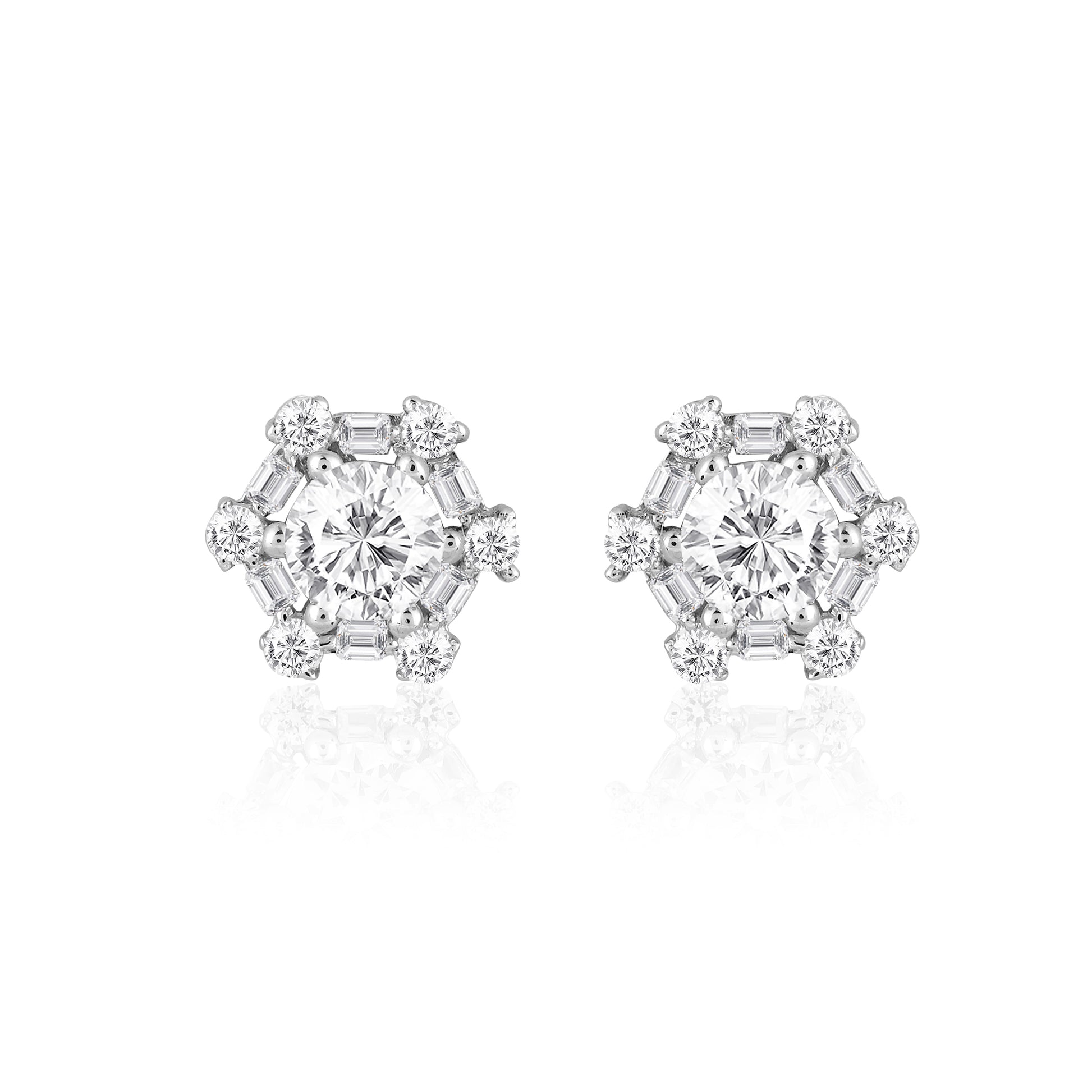 925 silver cluster stud earrings with baguette and round stones