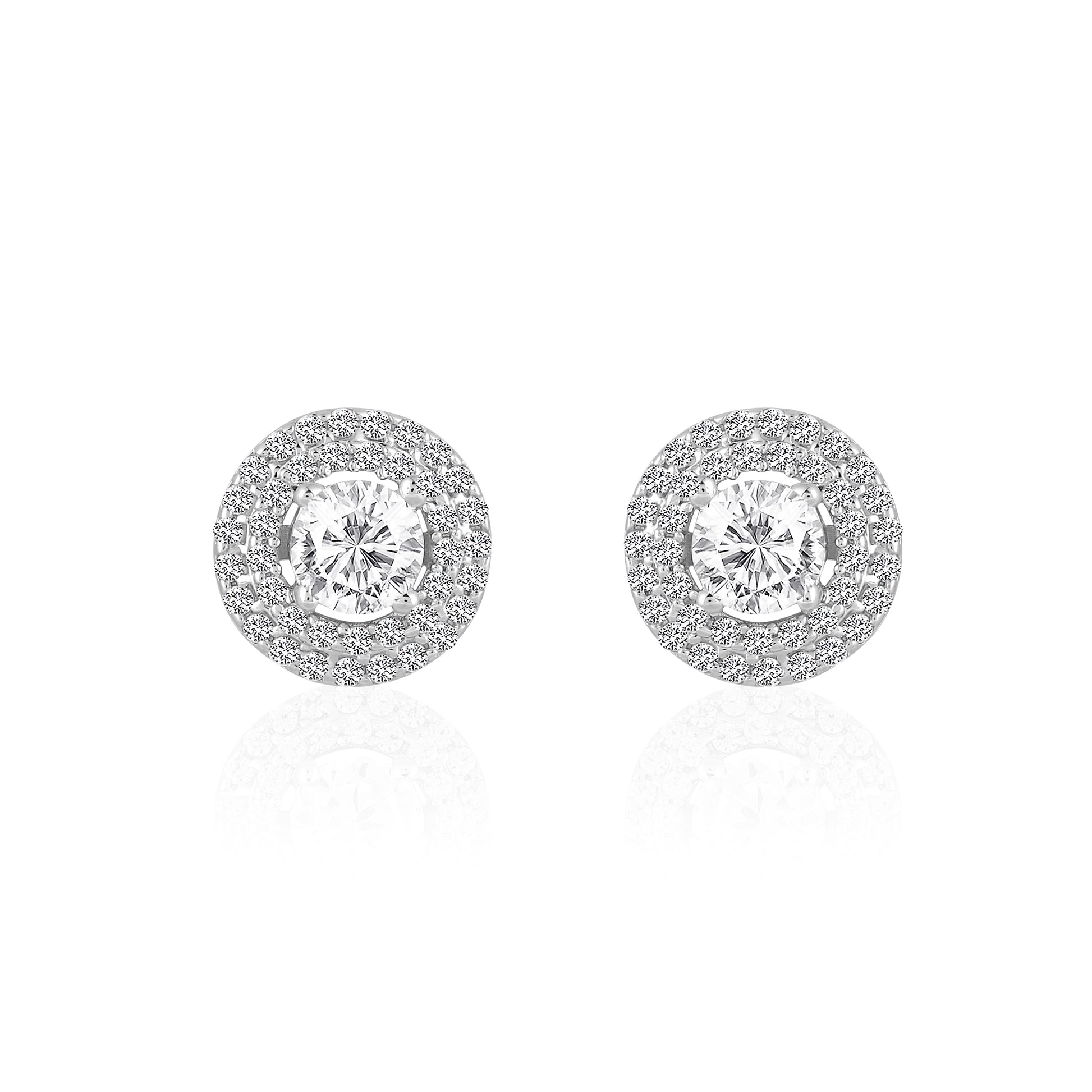 Double halo stud earrings in 925 silver with round zircon center stones