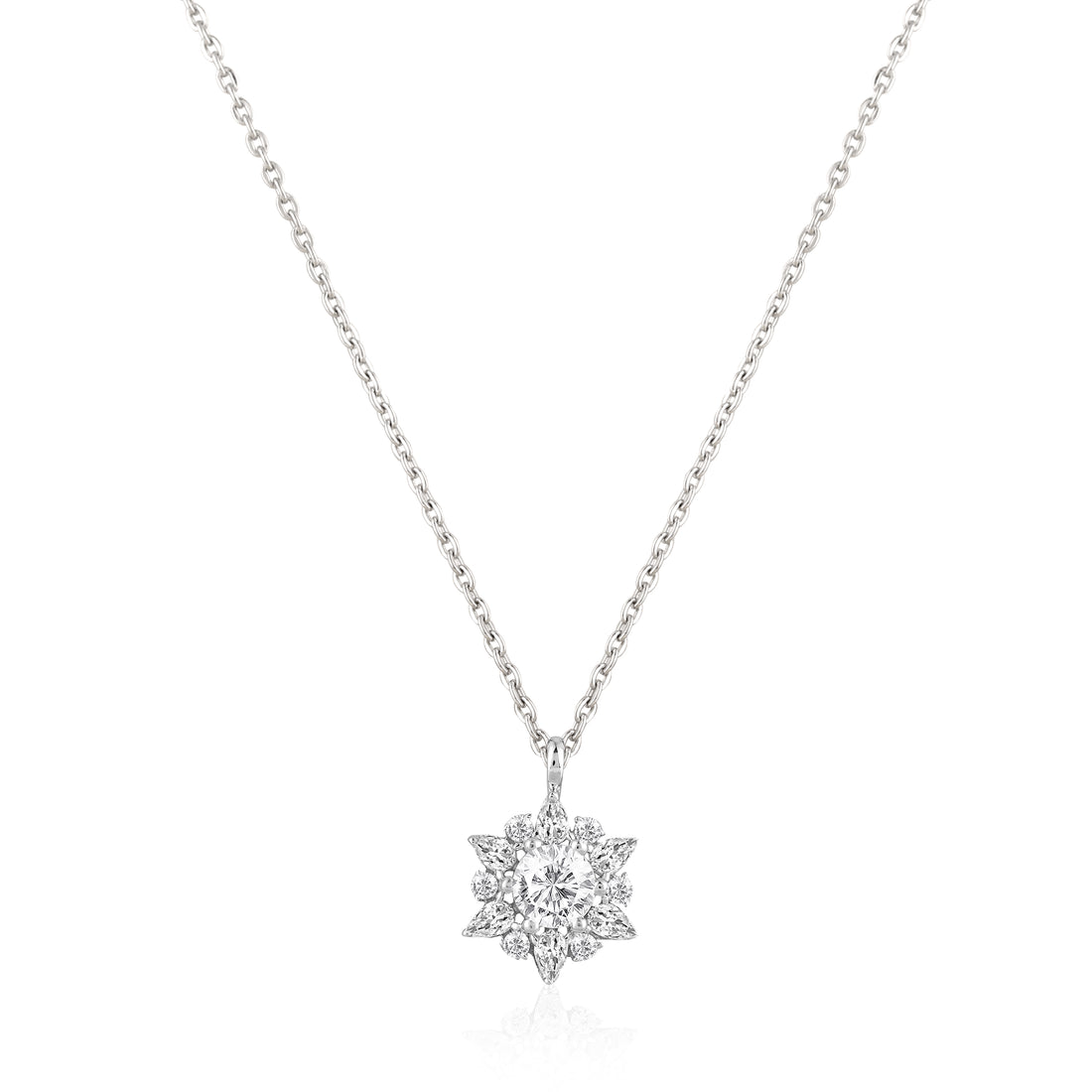 Radiant 925 silver sunburst pendant necklace on dark background