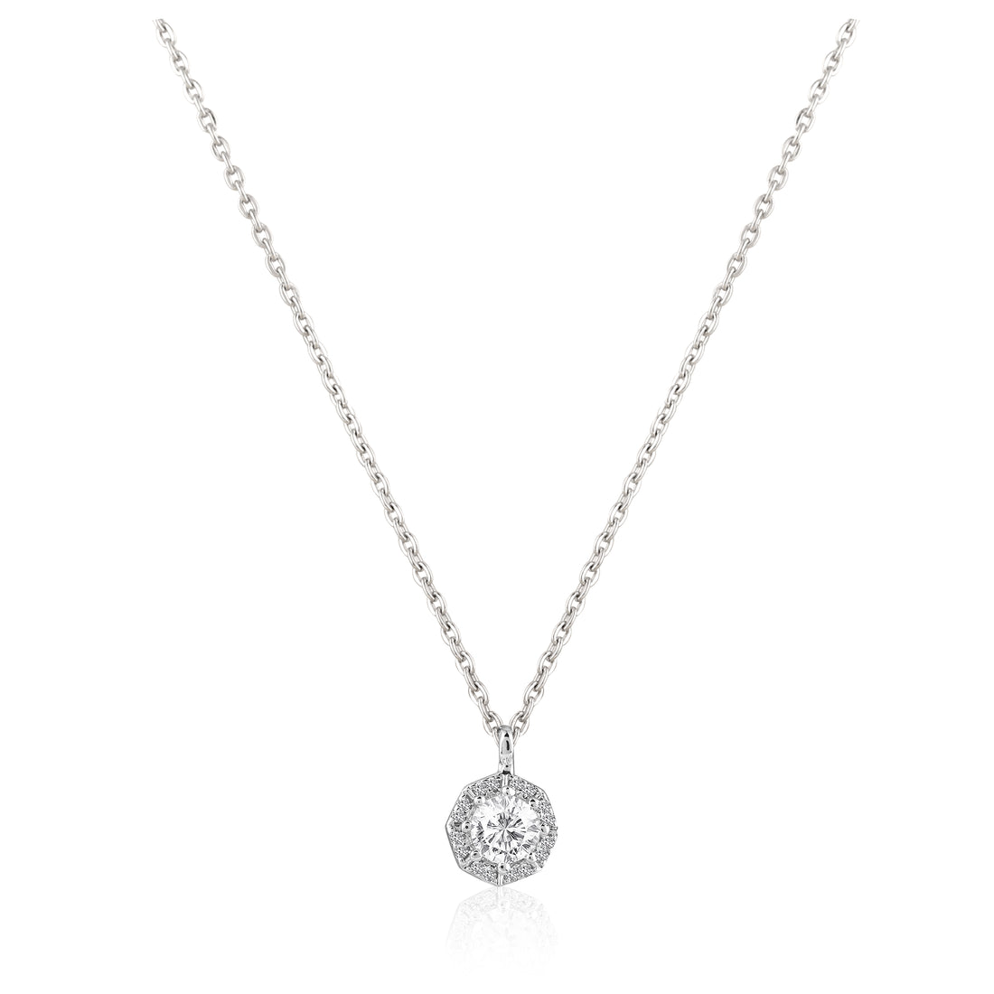 Round halo pendant necklace in 925 silver displayed on blue fabric background