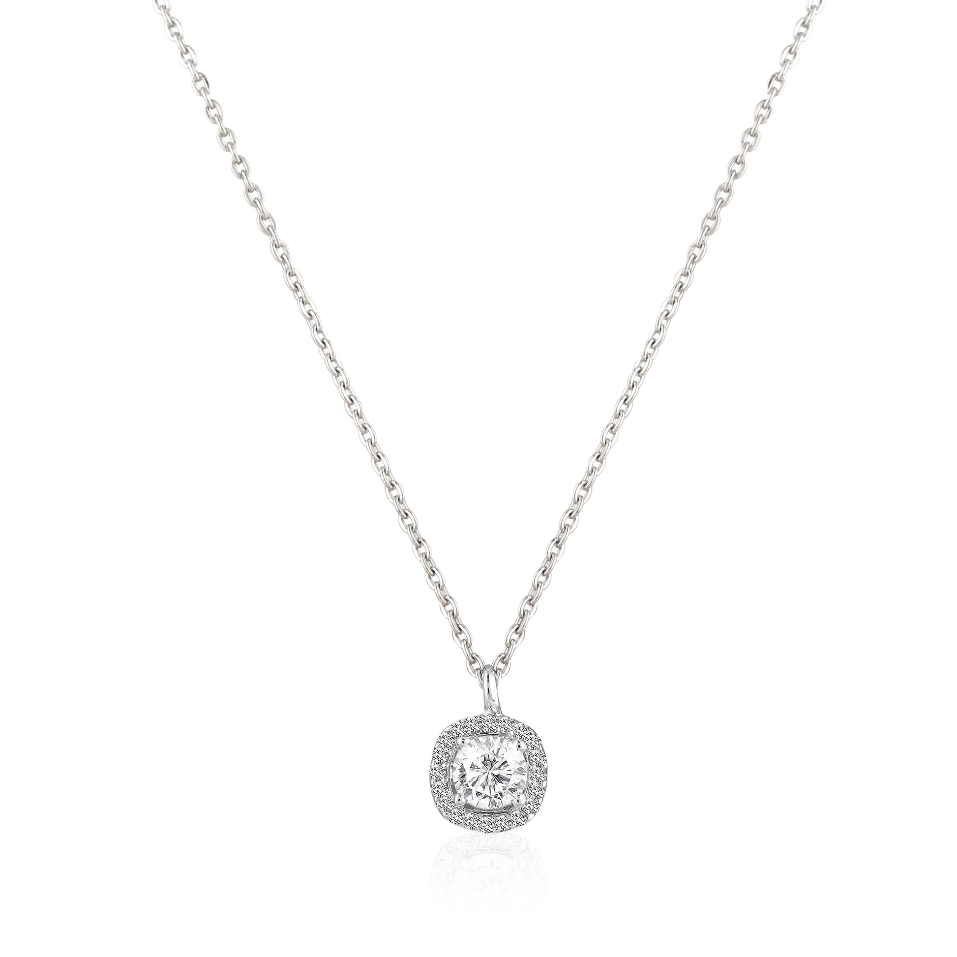 Cushion halo pendant necklace in 925 silver with round zircon center stone