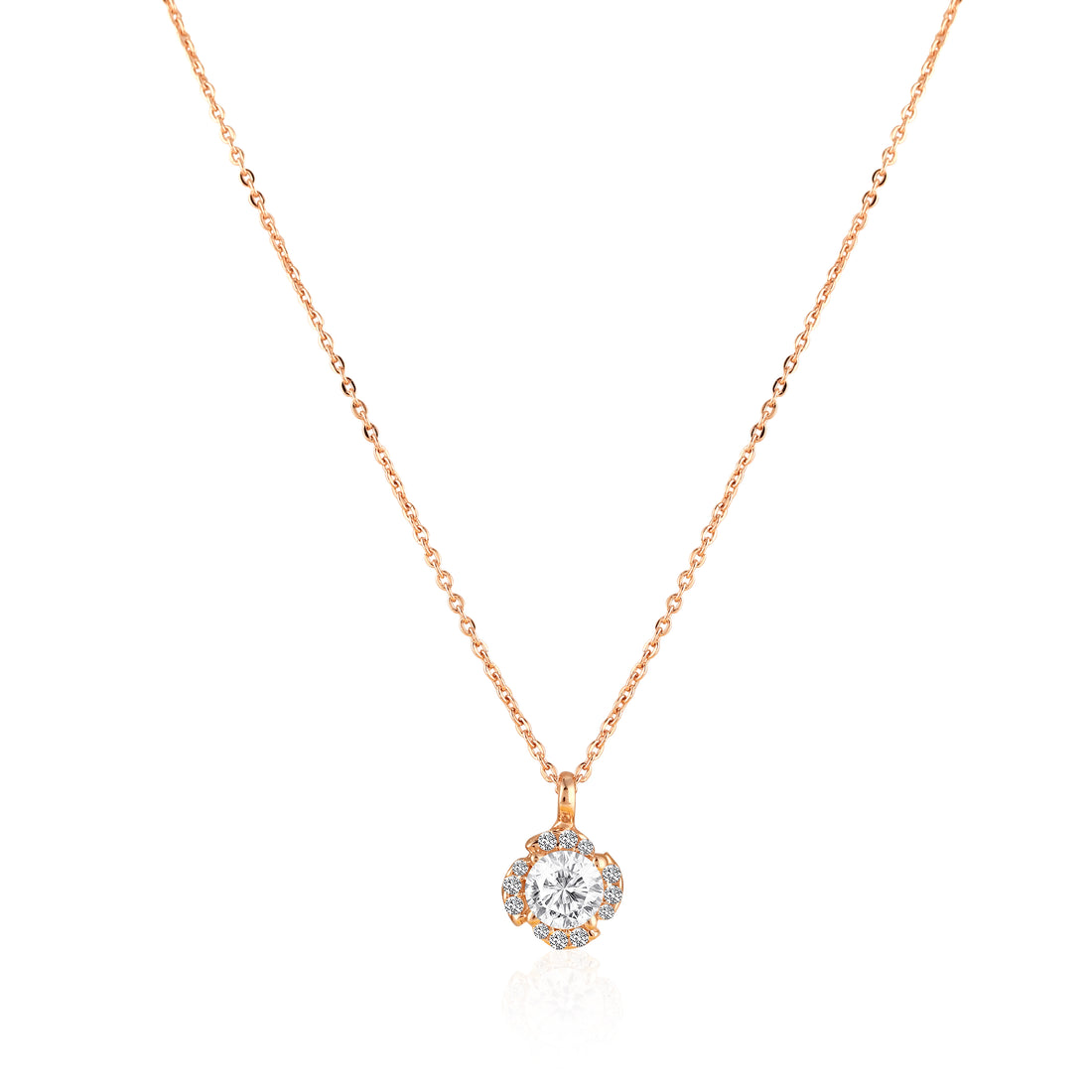 Rose gold cushion halo pendant set in 925 silver with matching zircon stud earrings