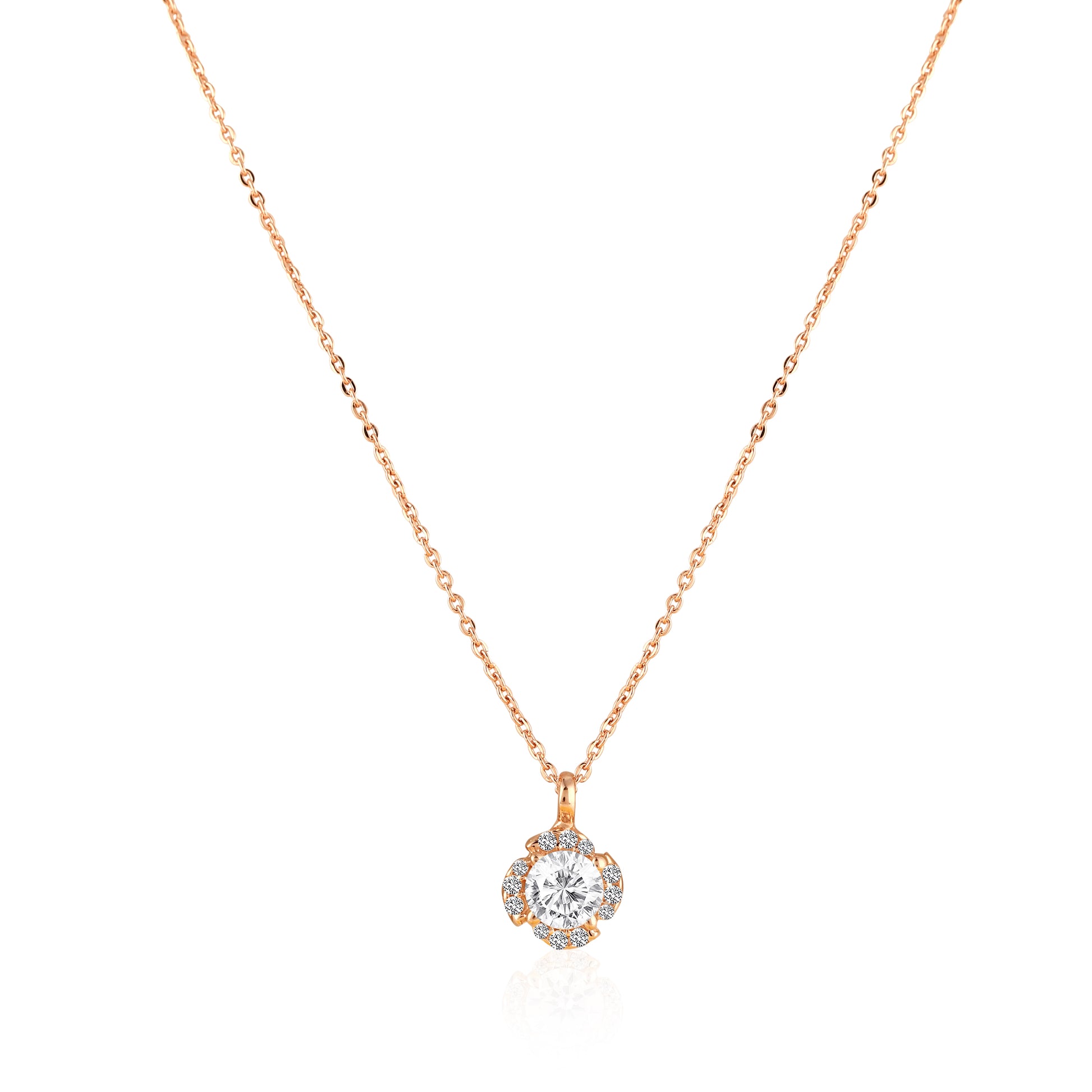 Rose gold cushion halo pendant in 925 silver with round zircon center stone