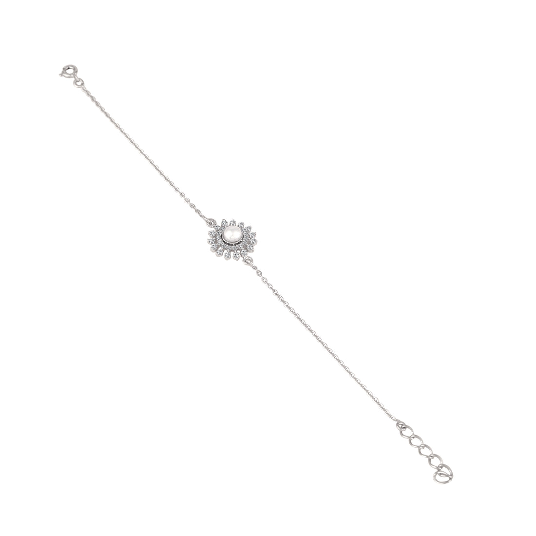 925 silver floral pearl bracelet close-up with pearl center