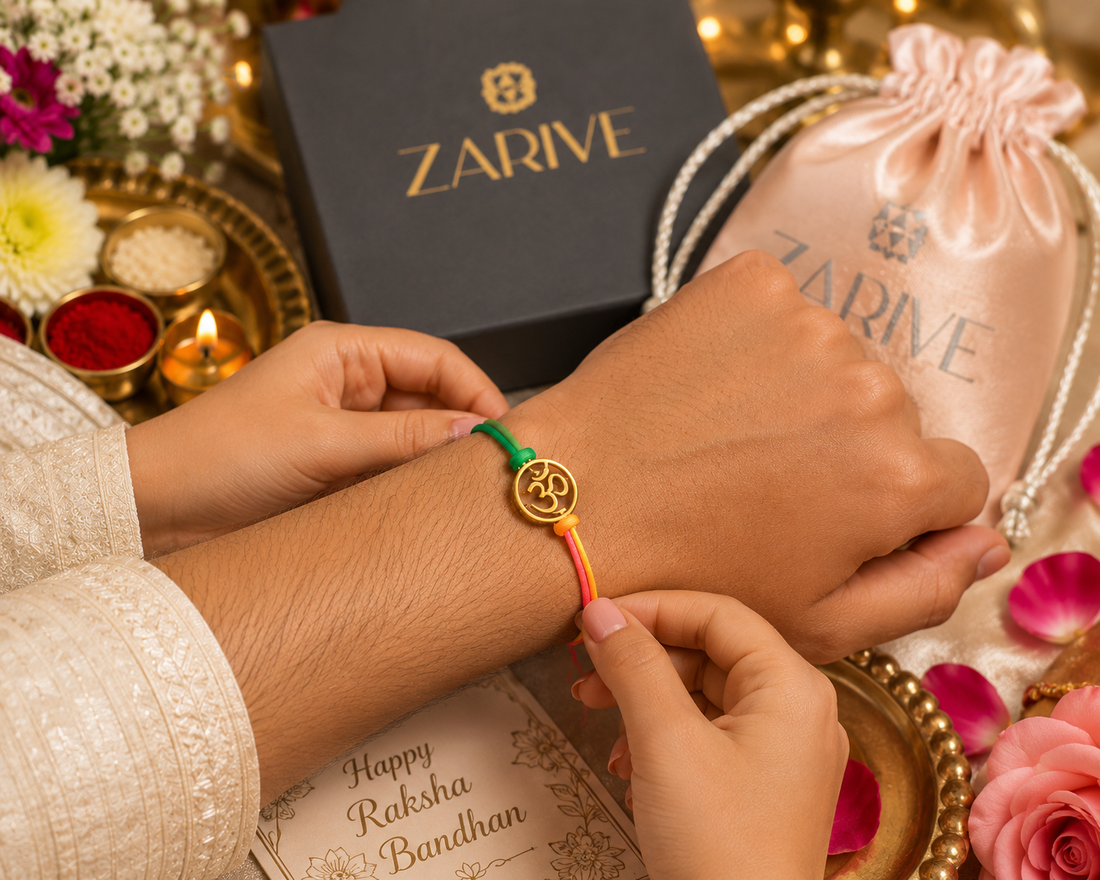 ZARIVE 925 Sterling Silver Om Rakhi with 24K Gold Plating for Brother | Premium Raksha Bandhan Rakhi | Luxury Gift Box & Satin Pouch Included