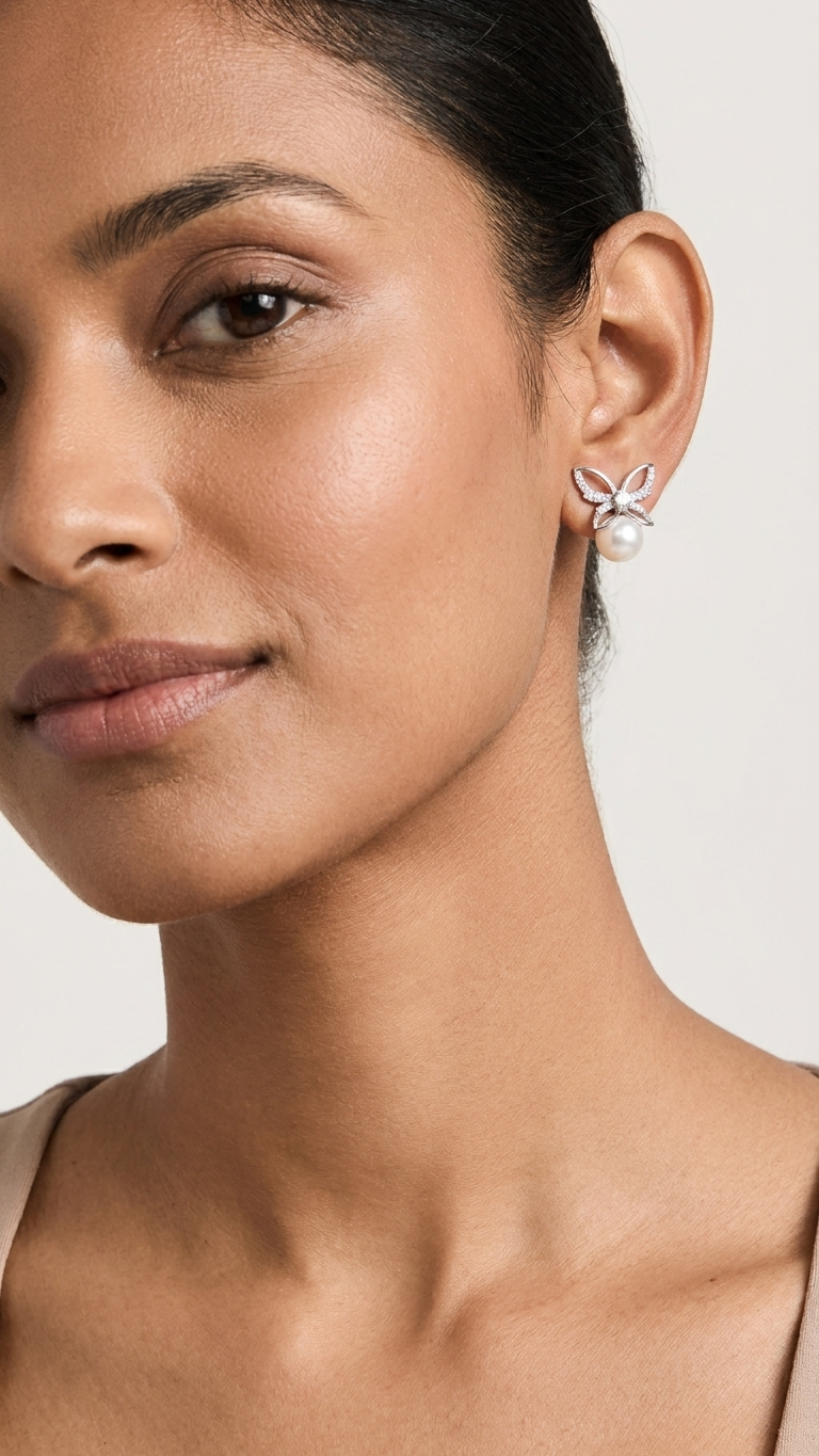 🎀 925 Silver Crystal Bow & Pearl Stud Earrings