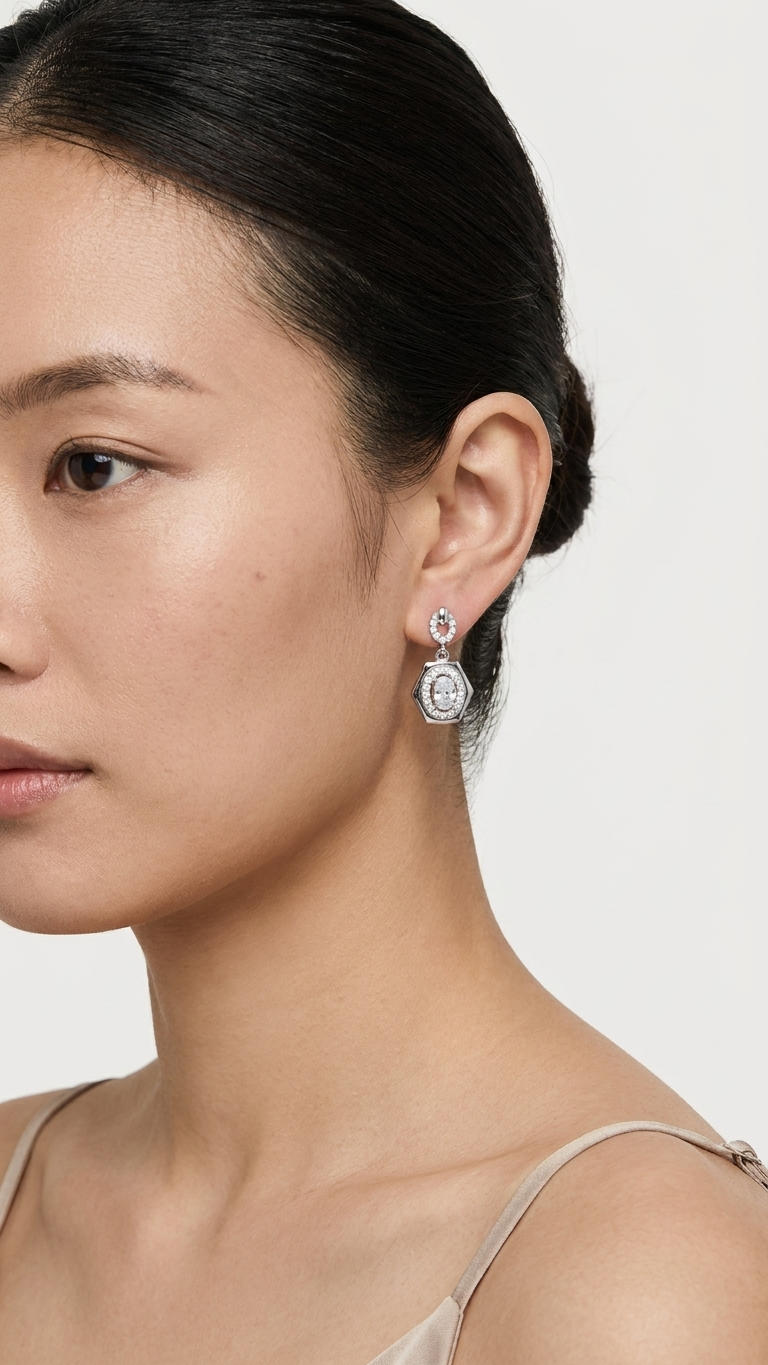 💎 925 Silver Geometric Oval Halo Dangle Earrings
